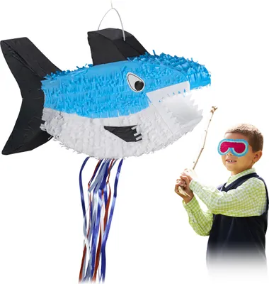 Image de Relaxdays Piñata requin, à suspendre, pour enfants, filles et garçons, anniversaire, à remplir soi-même, piñata, bleu