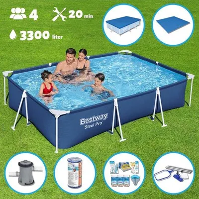 Produktbild von Rechteckiges Schwimmbad - Aufbauschwimmbad - 300 x 201 x 66 cm - Blau - Mit Pumpe - Filter - Chlorpaket - Untergrund - Abdeckung - Reinigungssatz