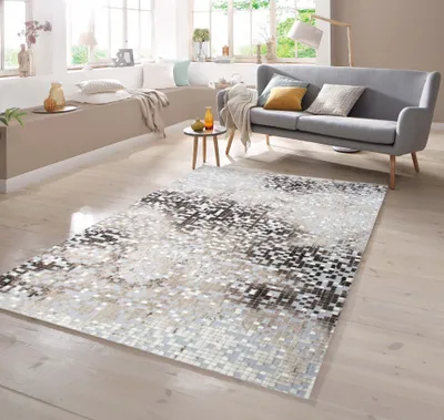 Produktbild von Designer Teppich mit Konturenschnitt mit Muster in Grau Braun Beige Creme Größe - 80 x 150 cm