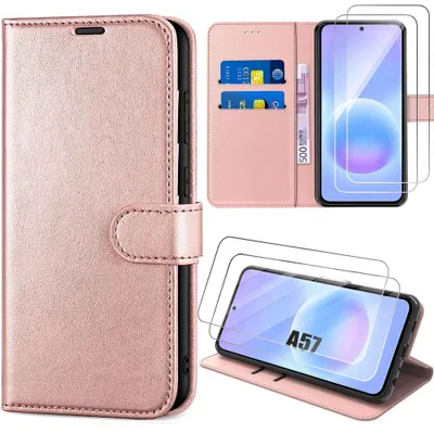 Image de Coque + 2 Verres Trempés pour Samsung Galaxy A57 5G, Protection Anti-Rayures Antichoc CuirPolyuréthaneRose
