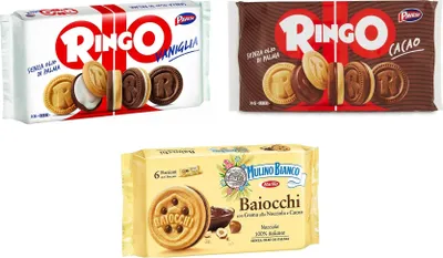 Produktbild von Testpaket Mulino Bianco Baiocchi Pavesi Ringo Cacao e Vaniglia Kekse Biscuits Cookies 3 Stücke