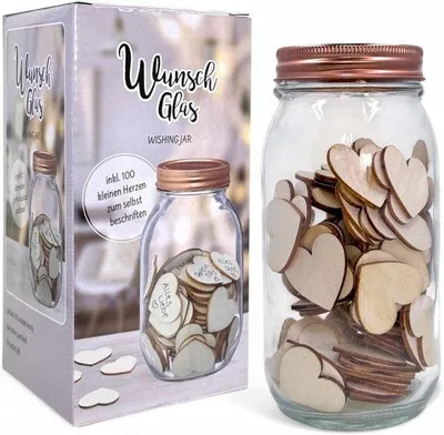 Productafbeelding van Herinneringsglas met 100 houten hartjes voor gastenboek alternatief bruiloft en verjaardag