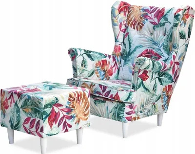 Produktbild von Family Meble Ohrensessel mit Hocker Print Relaxsessel Skandinavisch Bequemer Sessel Loungesessel Fernsehsessel Wohnzimmer Schlafzimmer Büro (M 131)