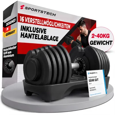 Produktbild von Ironmate_40 - verstellbare Hantel für Zuhause, 1,5 bis 40 kg Einstellung, Kurzhantel mit Hantelscheiben, 12-16 Gewichtsstufen, platzsparend, rutschfester Griff, Krafttraining, inkl. Ablageschale