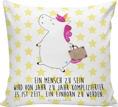 Produktbild von Mr. & Mrs. Panda Dekokissen Einhorn Koffer - Weiß - Geschenk, Gepäck, Sofakissen, Reise, Einhörner, kissen für sofa, Deko, kuschelkissen 40x40, Unicorn, Polster