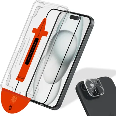Zdjęcie produktu dla 1-Pack Iphone 15 Ochrona Ekranu & 1-Pack Ochrona Aparatu - Hartowane Szkło | [Automatyczna Instalacja] - Bez Pęcherzyków