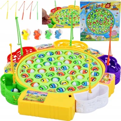 A collage of a children's fishing game, including the game board, fishing rods, and fish, as well as packaging.