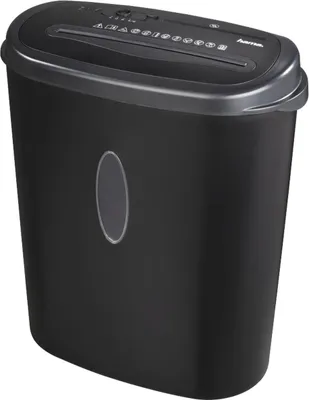 A black paper shredder with a gray top and an oval window on the front.