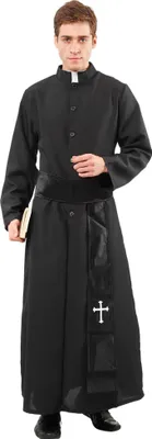 A man wearing a priest costume, holding a book.