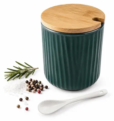 Zuckerstreuer 300 ml, Keramik, mit Holzdeckel und Löffel