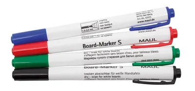 Zdjęcie produktu dla Markery do tablic MAUL Finepoint z okrągłą końcówką 1,5–2,0 mm, 4 sztuki: czerwony, zielony, niebieski, czarny