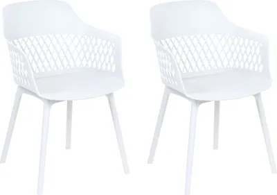 Two white plastic chairs with a diamond pattern on the back and metal legs are shown against a white background.