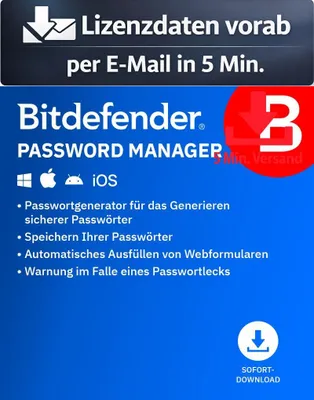 Produktbild von Bitdefender Password Manager (1 Device - 1 Jahr) DACH ESD Hilfsprogramme Tools Treiber 5 Min. Versand als Download per Mail