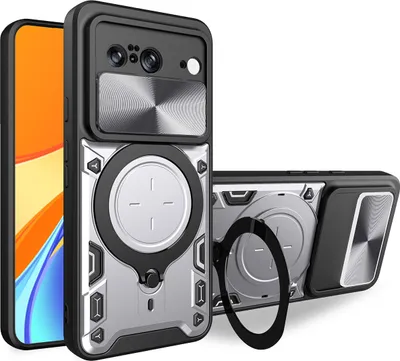 Produktbild von Handyhülle für Google Pixel 8 Dual-Layer Stoßfest Rüstung Hülle mit Dia Kameraschutz und Kreisförmig Ring Ständer Silber