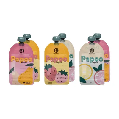 Six pouches of fruit puree arranged in two rows of three.