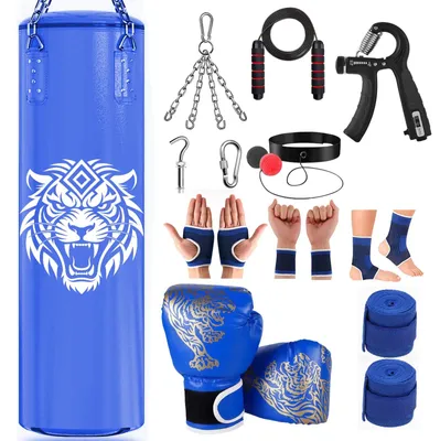Image de Sac de frappe pour adultes - Ensemble de sac de frappe de 120 cm - Gants de boxe de 340 g (12 oz) - Idéal pour l'entraînement en MMA, Muay Thai, kickboxing - Pour salle de sport à domicile - Couleur : bleu