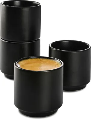 Produktbild von Espressotassen Schwarz 4er Set aus Keramik - Stapelbares Design - Dickwandig - Spülmaschinenfest - 70 ml