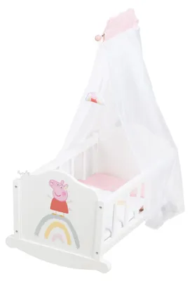 Produktbild von roba Puppenwiege Peppa Pig aus Holz inkl. Zubehör - Puppenbett mit Kissen, Decke & Himmel - Motiv der Zeichentrick Serie