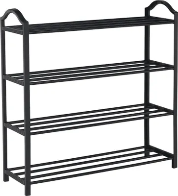 A black metal shoe rack with four shelves, shown against a white background.