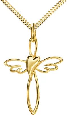Produktbild von Gold Kreuz-Herz-Flügel-Anhänger 585 Gold 14 Karat als Kettenanhänger Mit Kette 925 Silber vergoldet 70 cm