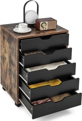 Produktbild von GOPLUS Schubladenschrank mit Rollen, Rollcontainer mit 5 Schubladen, Aktenschrank, Griffmulden, 2 Rollen mit Bremsen, aus Holz, für Schlafzimmer Arbeitszimmer Büro (Braun)