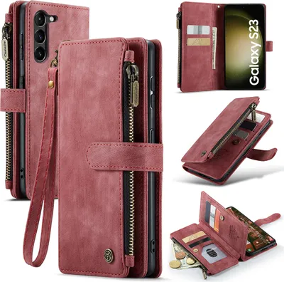A collage of images showing a red leather wallet-style phone case for a Samsung Galaxy S23.