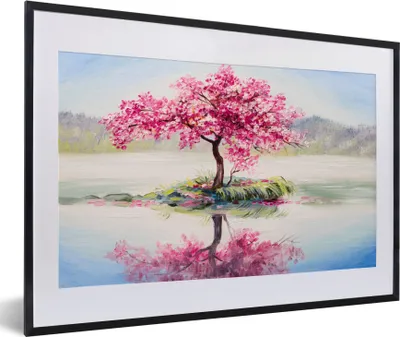 Produktbild von MuchoWow® Gerahmtes Poster Gemälde - Blüte - Wasser - Ölgemälde 60x40 cm - Poster mit Schwarzem Bilderrahmen Wandposter Rahmen Foto Bilder - Schlafzimmer - Plakat in Rahmen - Drucken