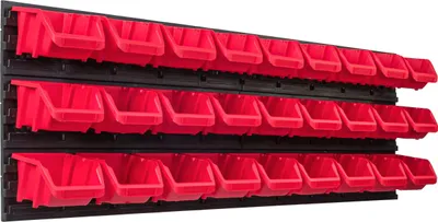 Produktbild von Lagersystem Werkstattregal | 115 x 39 cm | 27 stck. Box | Wandregal mit Stapelboxen - Wandplatten Extra Starke Schüttenregal Warkzeuglochwand Lagerregal Garage Regal
