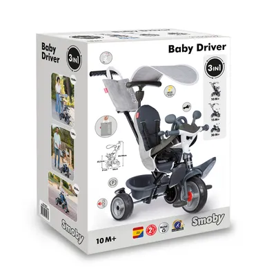 The image shows the retail packaging of a Smoby Baby Driver 3-in-1 tricycle.