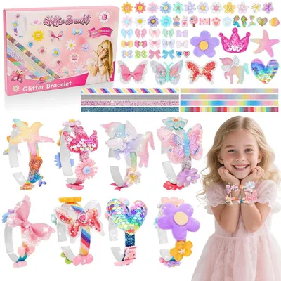 Image de Kit de fabrication de bracelets pour filles, bracelet étincelant à réaliser soi-même avec des paillettes, 65 pièces pour 8 bracelets, à partir de 6 ans, couleur rose