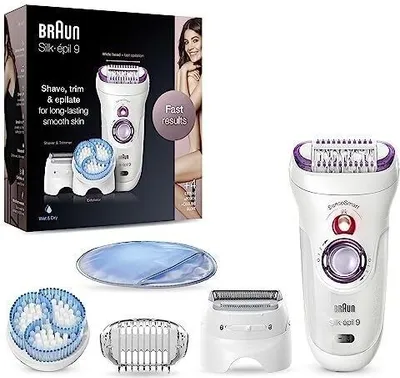 Image de Braun Silk-épil 9 Épilateur femme pour l'épilation, accessoires pour rasoir, tondeuse, exfoliation et massage pour le corps, étui, cadeau femme, 9-735, blanc/violet A