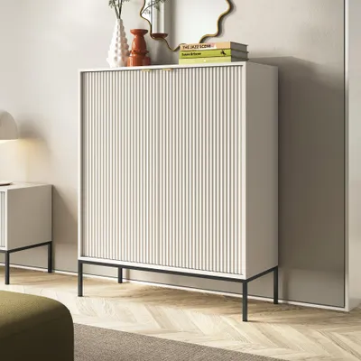 Produktbild von Moderne Geriffelte Hochkommode KIOTO KW2D Kaschmir Schwarz Gestell Schrank Highboard