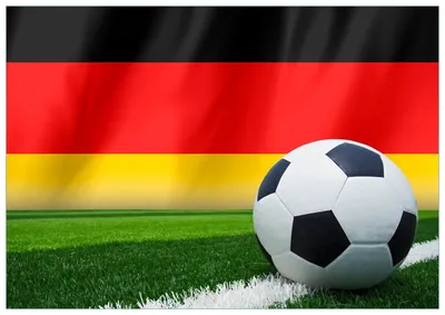 Produktbild von Wallario Premium Glasbild, freischwebende Optik, kräftige Farben, Größe 100 x 70 cm Motiv Fußball vor einer Deutschlandflagge