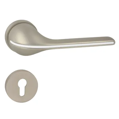 Produktbild von DOMINO Türgriff Drückergarnitur PZ-Profilzylinder Set | Rund-Rosette | Türklinke für Bürotür, Kellertür & Innentür | Türbeschläge aus Messing | Nickel satiniert/Weiß Türdrückergarnitur | LUNA-R M91/WEIß