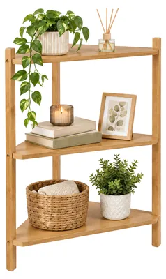 Image de Étagère d'angle Relaxdays, dimensions (H x L x P) : 60 x 46 x 25 cm, 3 étagères, étagère d'angle pour salon ou salle de bain, en MDF et bambou, couleur naturelle, Image générée par une IA