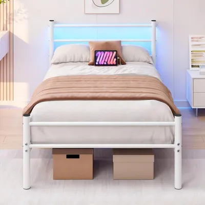 Metallbett 90x200 cm mit LED, Ladestation, weiß, Einzelbett