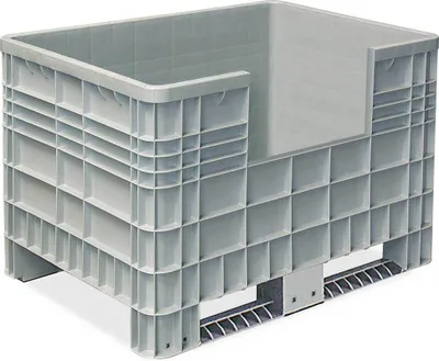 Produktbild von Palettenbox mit Aussenrippen und 2 Kufen, Zuschnitt an einer Längsseite, Außenmaße LxBxH 1170 x 800 x 800 mm, grau
