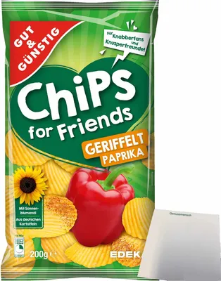 Produktbild von Gut & Günstig Paprika-Chips for Friends geriffelt Kartoffelchips (200g Packung) + usy Block