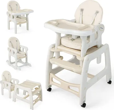 Produktbild von GOPLUS 4 in 1 Baby Hochstuhl, mit Schaukelfunktion, Kinderhochstuhl mit Verstellbarer Rücklehne & Abnehmbarem Tablett & Universalrädern