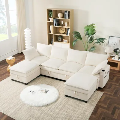 Image de MODFU Canapé D’Angle 6 Places Modulable avec USB, Porte-Gobelet et Pouf Amovible, Rangements Intégrés sous Chaque Siège - Velours Côtelé Beige