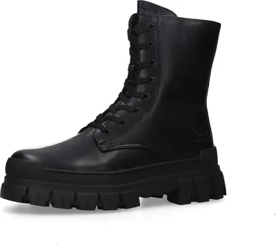 A black leather boot with a thick sole is shown against a white background.