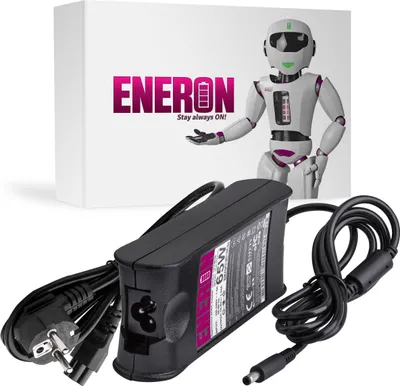 A laptop power adapter and its packaging are shown against a white background, with a robot mascot.