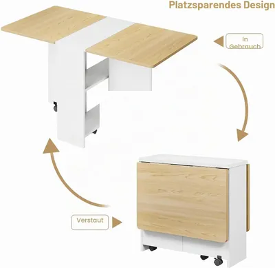 Produktbild von Esstisch - Klappbarer Küchentisch - Mit Rollen - 2 Staufächer - Für 4–6 Personen - 120 x 60 x 75 cm - Holzmaserung