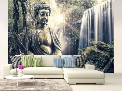 Produktbild von Vlies Fototapete 400x280 cm Tapeten Wandtapete XXL Natur Buddha Wald Wasserfall Asia h-C-0032-a-d