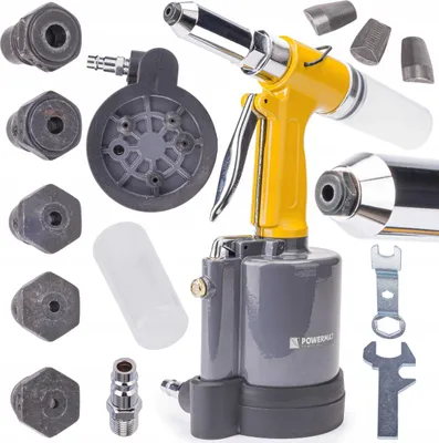 A pneumatic riveting tool and its accessories are displayed against a white background.