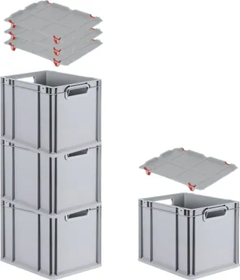 Produktbild von SuperSparSet 4x Eurobox NextGen Economy mit Auflagedeckel und 4x Schiebeschnappverschlüsse Rot | Griffe offen | HxBxT 32x30x40cm | 30 Liter | Eurobehälter, Transportbox, Transportbehälter, Stapelbehälter