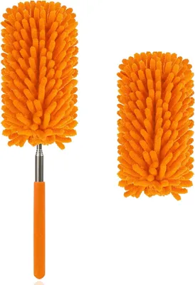 Obrázek produktu pro Mikrovláknový prachovka, teleskopická prachovka s extra dlouhou rukojetí, 2 vyměnitelné kartáčové hlavice, pratelná prachovka pro kancelář, auto, okna, nábytek a stropní obložení