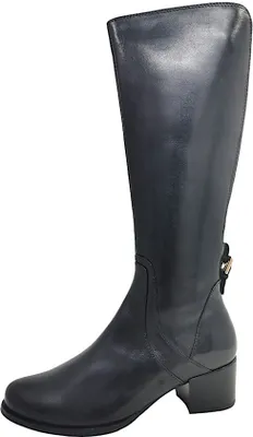 A black leather boot on a white background.