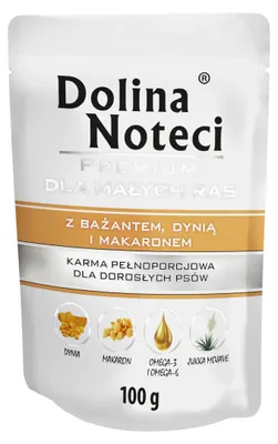 Zdjęcie produktu dla Mokra karma dla psów małych ras Dolina Noteci Premium z bażantem, dynią i makaronem saszetka 100 g