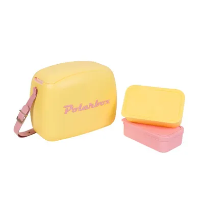 Produktbild von Kreher® Retro Kühlbox Polarbox 6L – Passive Kühlbox in Gelb mit 2 Lunchboxen – stilvolle Isolierbox im Vintage Design für Picknick, Camping